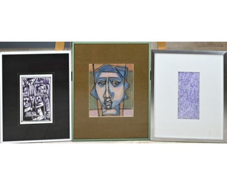 Three works by Eef de Weerd. 1926 - 1989 Hengelo. 1x Portrait. 2x Abstract representation. Mixed technique. Size: 20 - 25 cm.