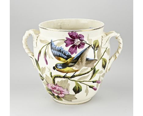 Large antique ceramic flower pot with floral decor + parrot handles. Circa 1900. Numbered only. Dimensions: H 34 x Ø 31 cm. I