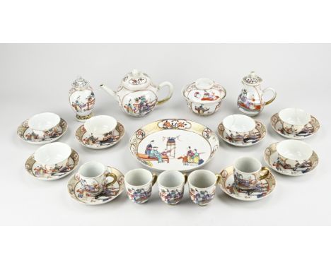 Rare 18th century 24-piece Chinese porcelain family rose tea set with mandarin/gold decor. Two dishes good. Six saucers hairl