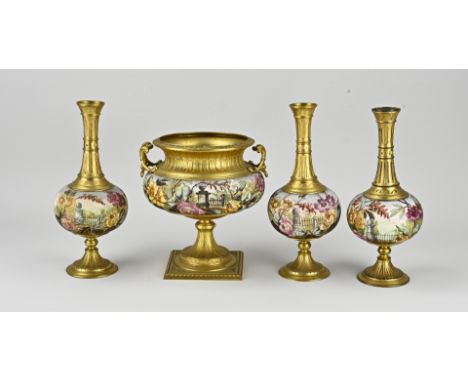 Four pieces of antique French ceramic with gilded brass mounts. Consisting of: One goblet and three pipe vases. Circa 1900. S