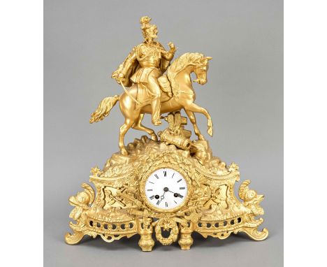Antique French composition metal mantel clock. Circa 1860. Louis Philippe. Cavalryman with sword and lying cannon. Made gold 