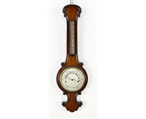 Antique English Victorian barometer + thermometer made of mahogany wood. Circa 1880. Size: 93 cm. In good condition.