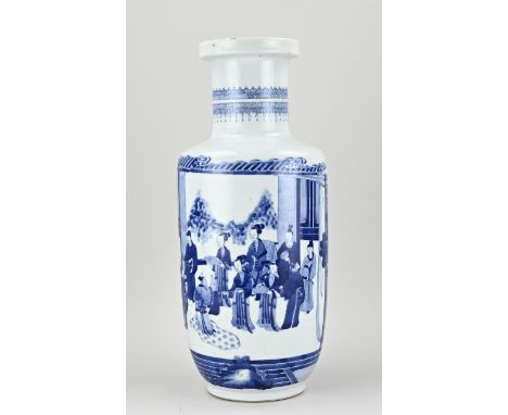 17th - 18th century Chinese porcelain kang xi vase with figures in interior decor. With double blue bottom ring. Some edge gr