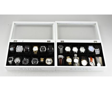 Two boxes each containing 12 watches including Casio, Jacob Jensen, Scream, Timex, Certus, Actua and Baishuns.