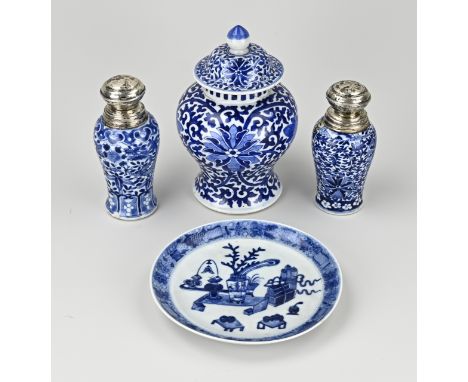 Four volumes of antique Chinese porcelain. Consisting of; Two tea canisters with silver cap. One lidded vase. A plate. Damage