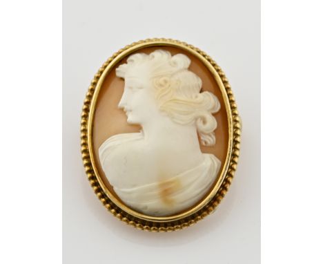 Yellow gold pendant/brooch, 585/000, with an oval rim with pearl decor and set with a beautifully carved shell cameo with a w