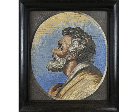 Antique Italian Pietra Dura mosaic portrait with thick wooden frame. Circa 1920. Dimensions: H 57 x W 52 cm. In good conditio