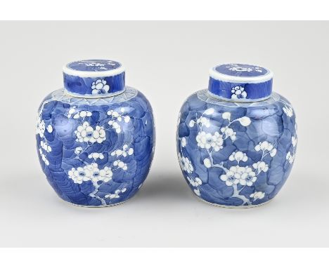 Two 19th century Chinese porcelain ginger jars with prunus decor + double blue bottom ring. Size: 15 cm. In good condition.