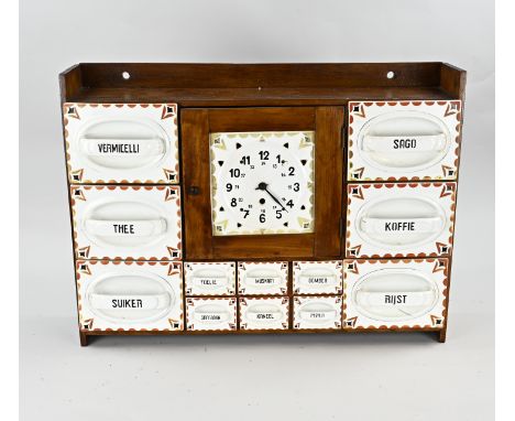 Antique Dutch spice cabinet with drawers and ceramic clock. For spices, coffee, tea, etc. Dimensions: 45 x 62 x 20 cm. In goo