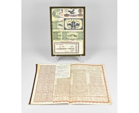 Old Chinese money + Chinese government share 25,000,000 sterling. Eight parts. Size: 14 - 44 cm. In fair/good condition.
