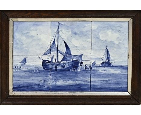 Antique Dutch 6-pass tile tableau in wooden frame. Circa 1900. Fishermen on the beach. Size: 30 x 30 cm. In good condition.