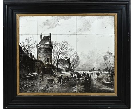 Very large Dutch Rozenburg The Hague 20-pass tile tableau. To a winter view of Koekkoek. Signed verso. Dimensions: 64 x 78 cm