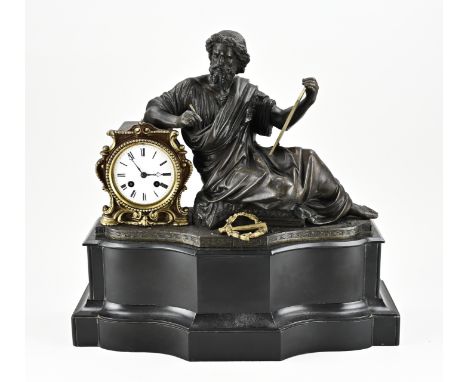 Antique black marble mantel clock with composition metal figure. Circa 1860. Eight-day movement, half-hourly strike, spring p