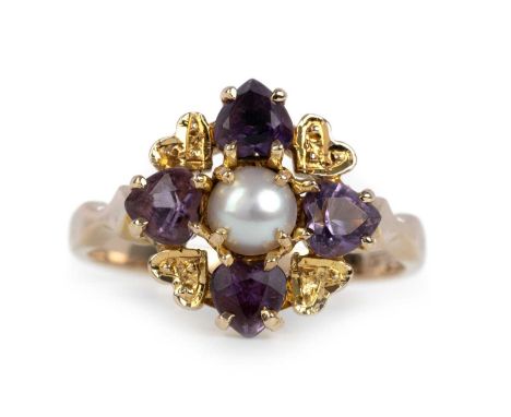 AMETHYST AND SEED PEARL DRESS RING, in nine carat gold, size N 1/2Qty: 3.4g