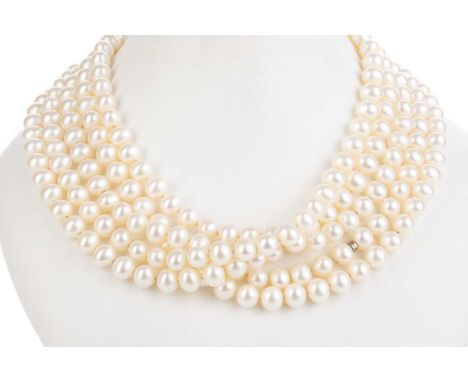 TIFFANY & CO, PEARL NECKLACE opera length, with silver Tiffany &amp; Co spacer, in box, with information bookletPearls are no