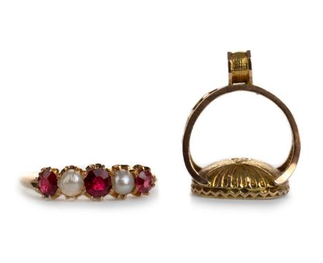 RUBY AND SEED PEARL RING, ALONG WITH AN AMETHYST SEAL FOB the ring unmarked, size I approximately, seal fob also unmarked