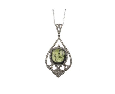 TOURMALINE AND DIAMOND PENDANT, set with a cushion shaped tourmaline to a diamond set mount, in silver