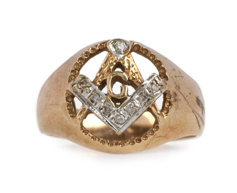 DIAMOND SET MASONIC SIGNET RING, the square and compass set with diamond chips, in nine carat gold, size SQty: 6.8g