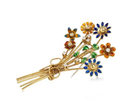DIAMOND AND ENAMEL FLOWER BOUQUET BROOCH. set with round brilliant cut diamonds and red, blue, green and orange enamel, in ei