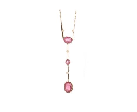 PINK TOPAZ AND SEED PEARL NECKLET, set with topaz and seed pearl drop, the chain unmarked