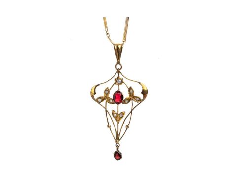 EDWARDIAN GARNET AND PEARL HOLBEIN, NINE CARAT GOLD set with oval garnets and seed pearls, marked for nine carat gold, suspen