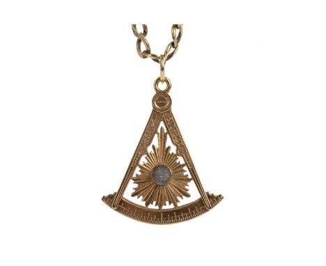 MASONIC PENDANT ON CHAIN, NINE CARAT GOLD the Masonic compass marked for ten carat gold and inscribed Presented By Phoenix Lo