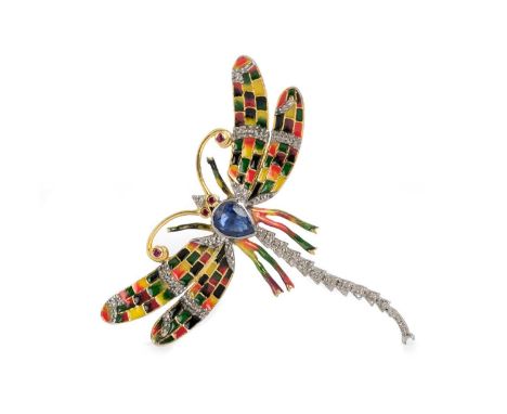 GEM SET AND ENAMEL DRAGONFLY BROOCH, set with ruby, diamonds and sapphire, with enamelled wings, in silver57mm wide, 54mm lon