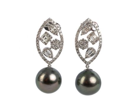 PAIR OF PEARL AND DIAMOND EARRINGS, each set with a spherical Tahitian pearl suspended from a marquise shaped section set wit