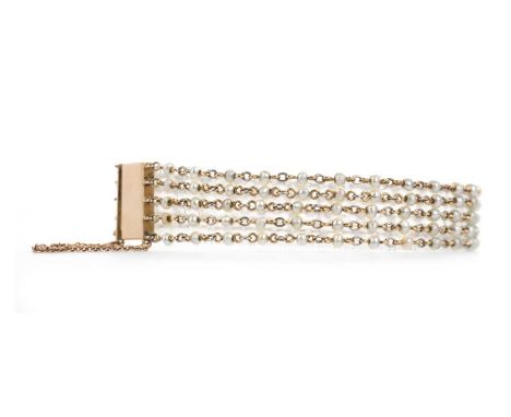 PEARL FIVE STRAND BRACELET, formed by rows of seed pearls, unmarked