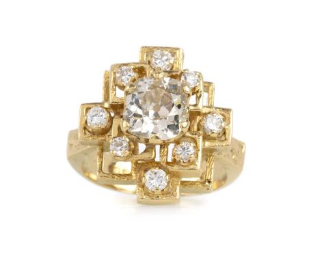 DIAMOND DRESS RING, GEOMETRIC DESIGN set with a central Old Mine cut cushion cut diamond of very approximately 2.10 carats, s