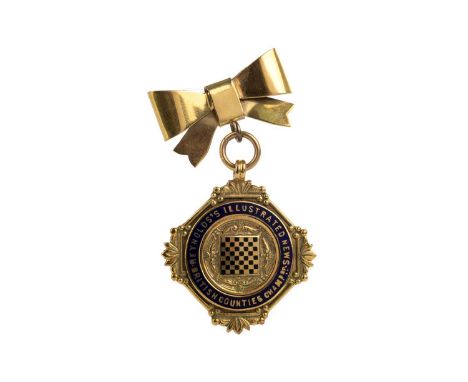 NINE CARAT GOLD PRESENTATION MEDAL, with black and blue enamel, reading 'REYNOLD'S ILLUSTRATED NEWS, BRITISH COUNTIES CHAMPIO