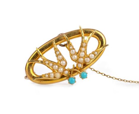 TURQUOISE AND SEED PEARL SWALLOW BROOCH, in fifteen carat goldQty: 3.4g
