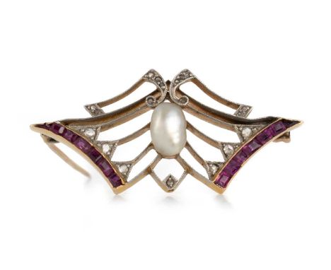 RUBY, PEARL AND DIAMOND BROOCH, of openwork form, silver on gold but unmarkedQty: 6.3g