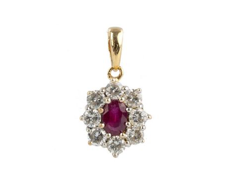 RUBY AND DIAMOND PENDANT, the oval ruby in a surround of eight round brilliant cut diamonds, set in gold2.3g