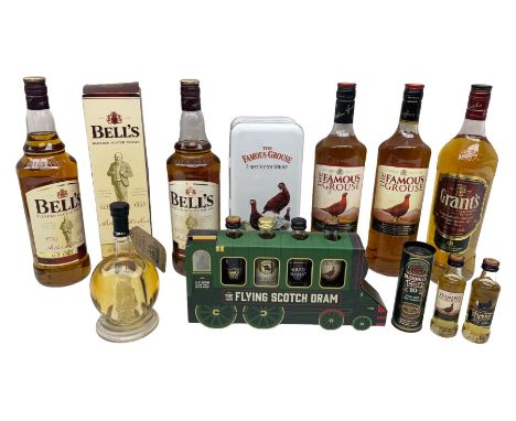 Two bottles of The Famous Grouse blended Scotch whisky, three bottles of Bell's blended Scotch whisky, Grants blended Scotch 