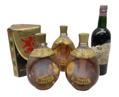 Four bottles of Haig's Dimple Old Blended Scotch whisky, all 26 2/3 Fl.OZs, 70 proof, one in original box and a bottle of Eas