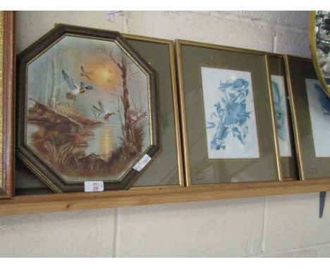 FOUR GILT FRAMED ORNITHOLOGICAL PRINTS TOGETHER WITH A FURTHER OIL ON BOARD OF MALLARD DUCKS