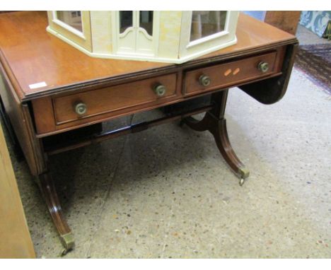 GOOD QUALITY MAHOGANY FORMED SOFA TABLE WITH TWO DROP FLAPS WITH TWO DRAWERS WITH BRASS BUTTON HANDLES ON A SHAPED AND REEDED