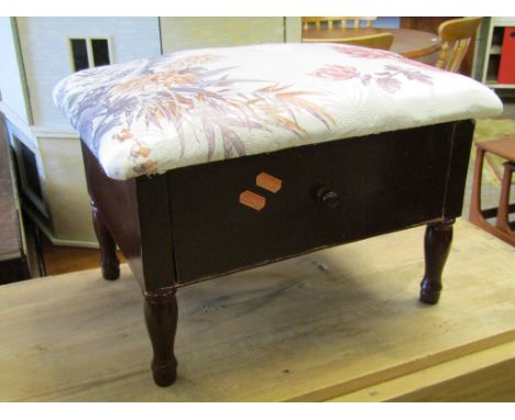 MAHOGANY EFFECT UPHOLSTERED TOP STOOL WITH SINGLE DRAWER WITH TURNED KNOB HANDLE 