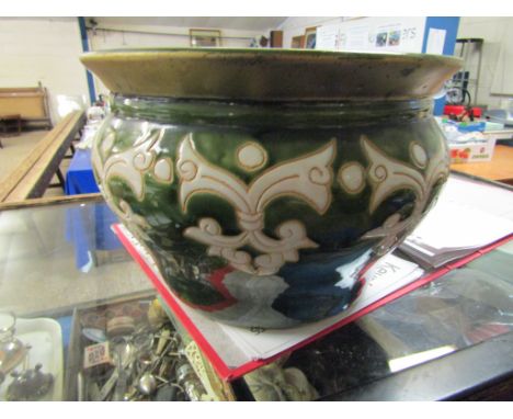 GREEN AND CREAM GLAZED PLANTER