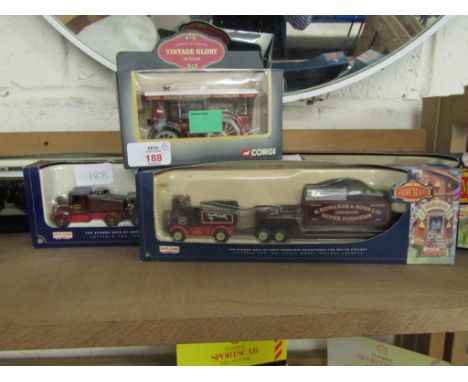 FOUR BOXED VARIOUS LLEDO SHOWMAN’S SERIES FUN FAIR DIE-CAST LORRIES TOGETHER WITH A CORGI VINTAGE GLORY GARRETT SHOWMAN’S TRA