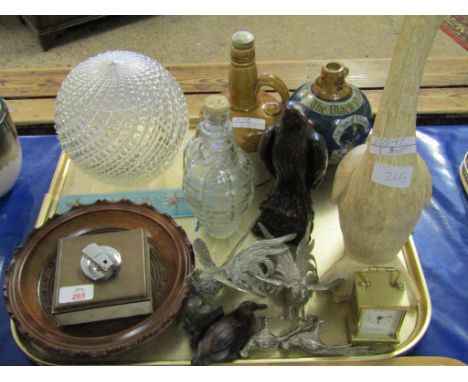 TRAY CONTAINING SILVER PLATED COCKEREL ORNAMENTS, LIGHT SHADES, MODEL OF A DUCK ETC 