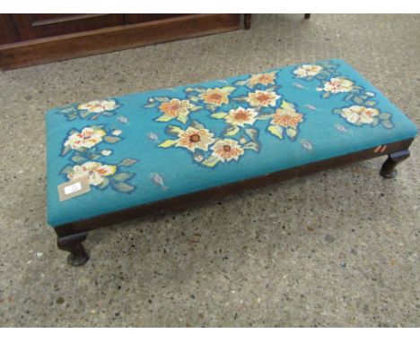 OAK FRAMED SQUAT STOOL WITH EMBROIDERED TOP RAISED ON FOUR PAD FEET 