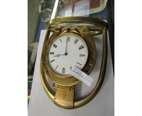 GOOD QUALITY BRASS MANTEL CLOCK FORMED AS A HORSESHOE AND STIRRUP WITH ENAMELLED ARABIC CHAPTER RING 