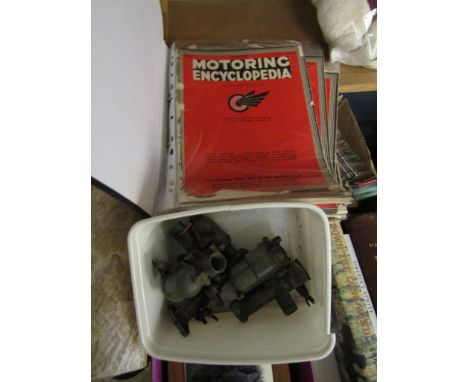 TUB CONTAINING THREE CARBURETTORS TO INCLUDE A ZENITH CARBURETTOR AND FURTHER FOLDER CONTAINING MOTORING ENCYCLOPAEDIAS ETC