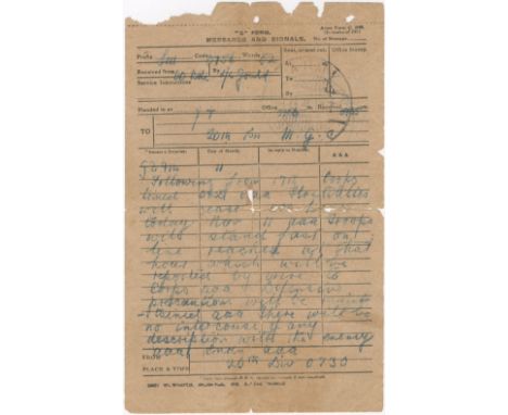 WORLD WAR I - ARMISTICEArmistice telegram announcing the end of hostilities, sent to 20th Battalion Machine-Gun Corps, G.B. 9