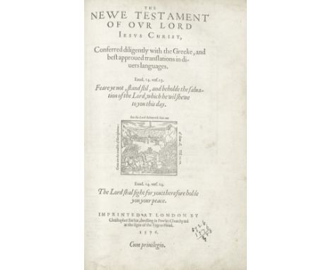 BIBLE, IN ENGLISH, GENEVA VERSION[The Bible],  woodcut vignette on New Testament title-page, woodcut maps and illustration in