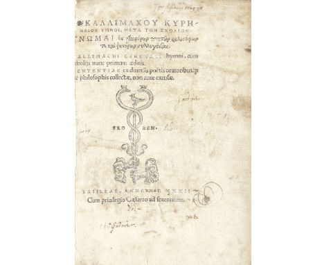 CALLIMACHUS[Opera]... Hymni ... cum scholiis nunc primum aeditis. Sententiae...,  text printed in Greek, woodcut device on ti