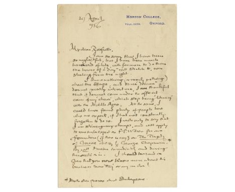 TOLKIEN (J.R.R.)Autograph letter signed ('Ronald Tolkien') to Rosfrith Murray ('My dear Rosfrith'), apologising for not reply