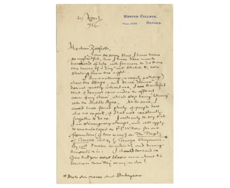 TOLKIEN (J.R.R.)Autograph letter signed ('Ronald Tolkien') to Rosfrith Murray ('My dear Rosfrith'), apologising for not reply